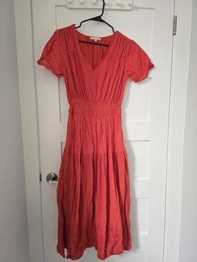Red V-Neck Maxi Dress with Smocked Waist